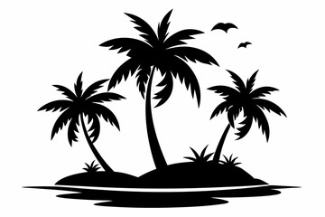island with palm trees line art silhouette vector illustration
