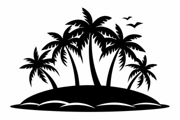 island with palm trees line art silhouette vector illustration