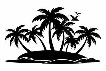 island with palm trees line art silhouette vector illustration