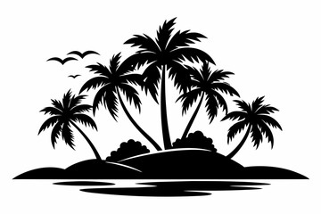 island with palm trees line art silhouette vector illustration