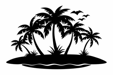island with palm trees line art silhouette vector illustration