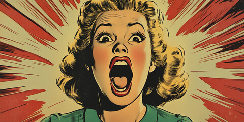 A comic book scene from the 1950s featuring a blonde woman screaming