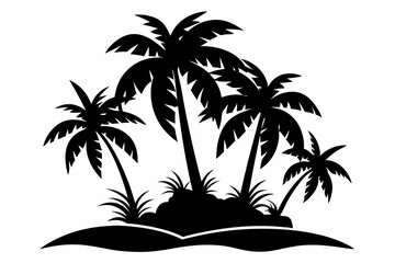 island with palm trees line art silhouette vector illustration