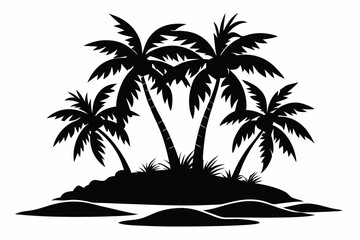 island with palm trees line art silhouette vector illustration