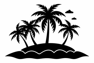 island with palm trees line art silhouette vector illustration