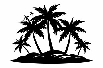 island with palm trees line art silhouette vector illustration