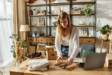 Pretty young woman practicing sustainable living through clothing donation at home