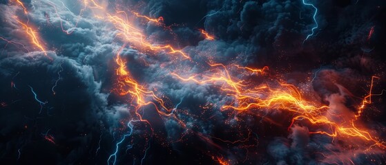 A stunning cosmic spectacle where thunder and fire blend in a celestial dance of lightning across a vast cloudscape. 3d rendering colored lightning strike.