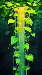 Obraz premium Green leafy vines hang in front of bright glowing illumination