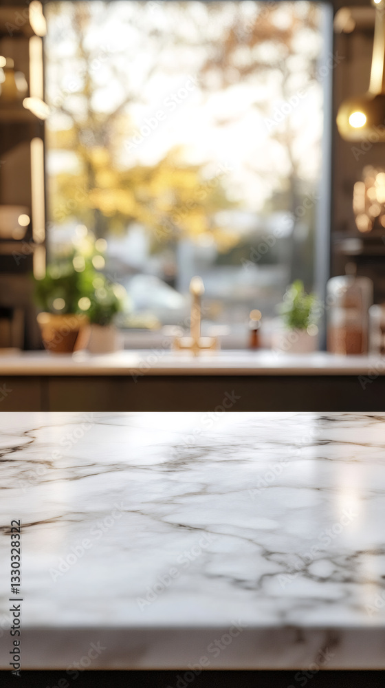 Poster White marble tabletop with a blurred kitchen background, perfect for displaying products in a realistic and appealing setting