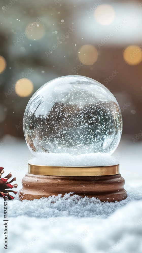 Aufkleber Snow globe with falling snow effect sitting on snowy surface with pine cone and blurred background with falling snow