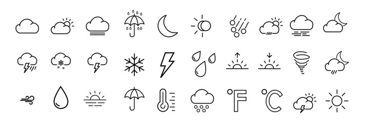 Weather web icons set. Weather forecast - simple thin line icons collection. Containing clouds, temperature, sunny day, rain, wind and more. Simple web icons set.
