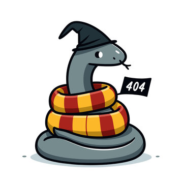 Magical snake with 404 flag in wizard vector illustration. Ideal for fantasy gaming websites and mystical app error page displays.