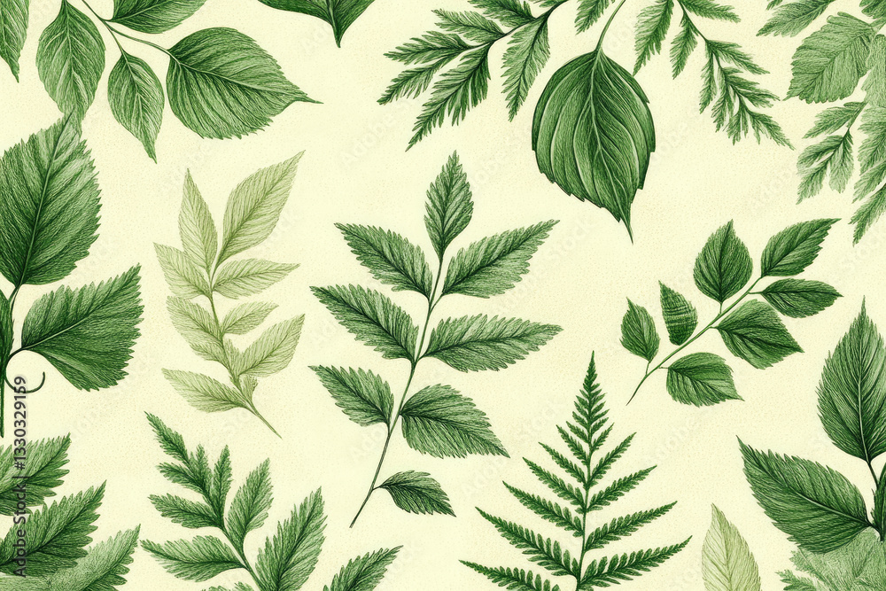 Poster Green leaves and fern branches forming a botanical pattern on light yellow background
