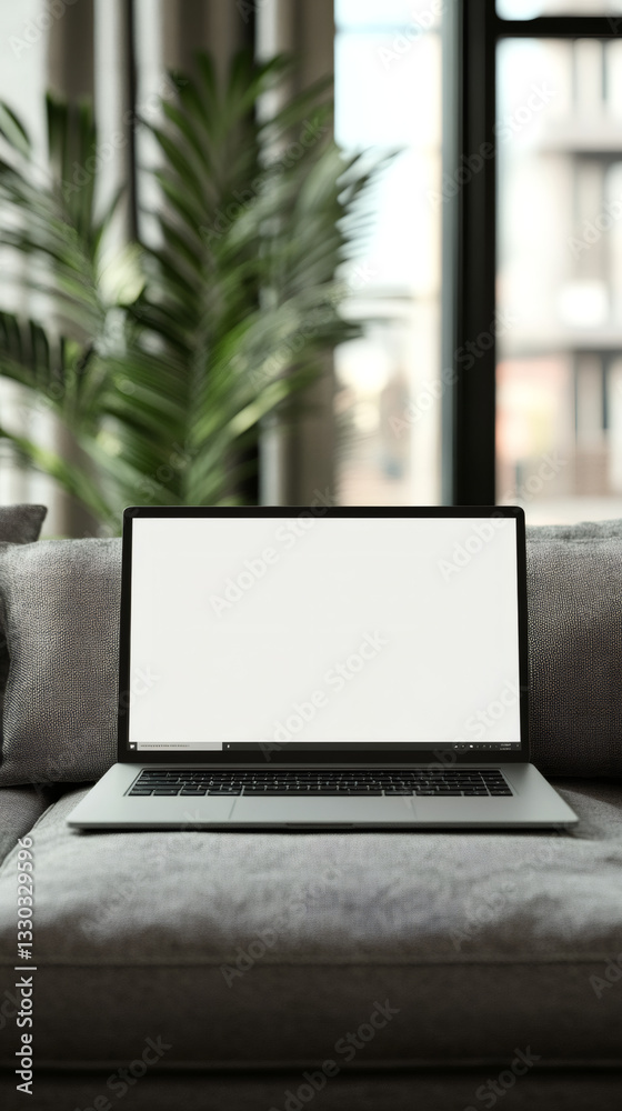 Poster modern laptop with blank screen standing on comfortable sofa in stylish living room, mockup for webs