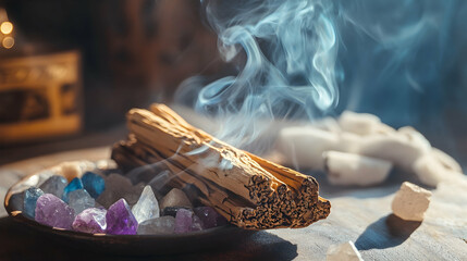Burning Palo Santo stick emits aromatic smoke alongside white sage and crystals for meditative rituals