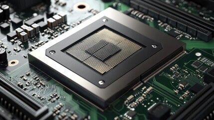Fototapeta premium Closeup of Modern CPU Processor Installed on a Motherboard Green Circuit Board High Tech