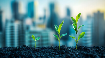 Business or finance growth concept with green sapling growing in front of a financial district cityscape 16:9 - Image #1 @fme39856