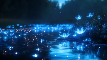Glowing blue flowers by water at night.