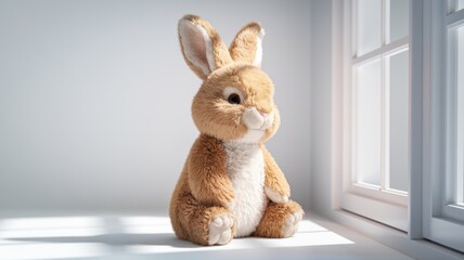 A rabbit toy sits by the window. Minimalistic background in white. A photo with a place for the text.
