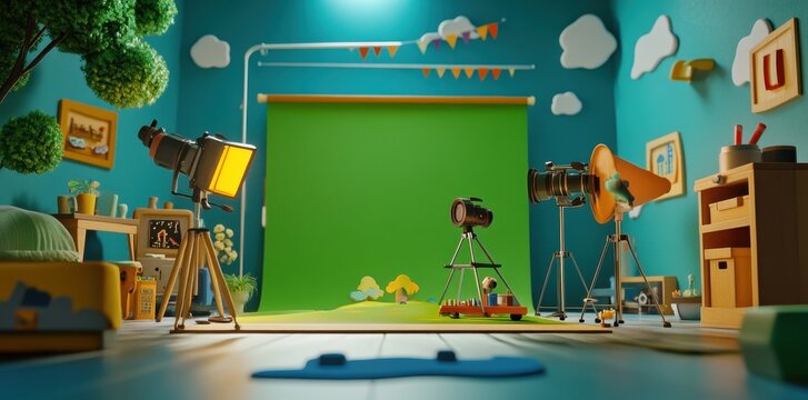A playful green screen studio setup for creative content production