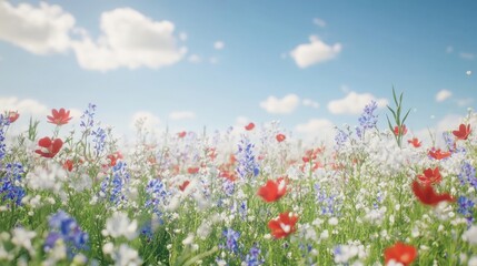 Obraz premium A field of blooming red, white, and blue flowers under a clear sky with a subtle breeze