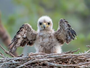 Obraz premium Fluffy baby eagle chick sitting in a nest flapping its wings