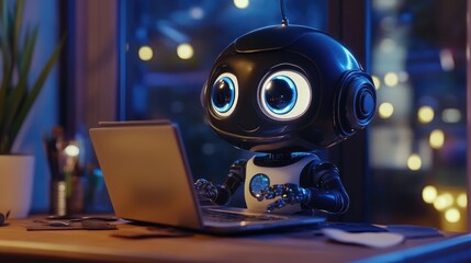 Small robot sits at desk, working on laptop under desk lamp in dimly lit room. Concept of artificial intelligence and Online Assistant