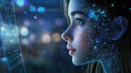 Cybernetic human with robotic interface gazes futuristic cityscape glowing with neon lights. Concept transhumanism and integration artificial intelligence into human identity.