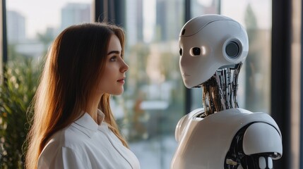 A human woman and a humanoid robot face each other, representing the interaction between artificial intelligence and humanity. Concept of human-robot interaction and ethical AI.