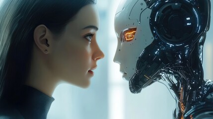 A human woman and a humanoid robot face each other, representing the interaction between artificial intelligence and humanity. Concept of human-robot interaction and ethical AI.