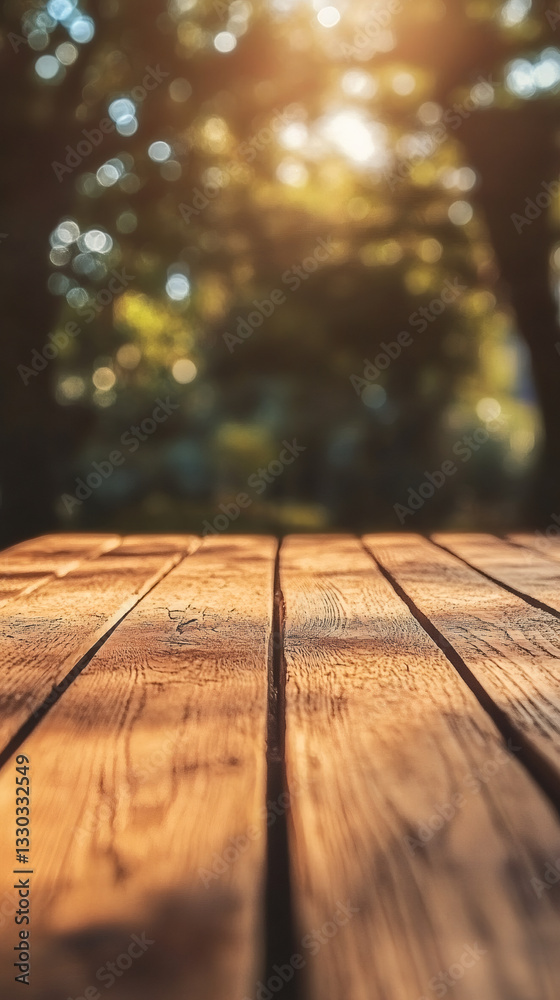 Leinwandbilder empty wooden table with blurred trees and sunlight background creating a peaceful and natural settin