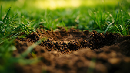 Close up of a brown piece of dirt surrounded by grass in a natural landscape, creating a beautiful pattern