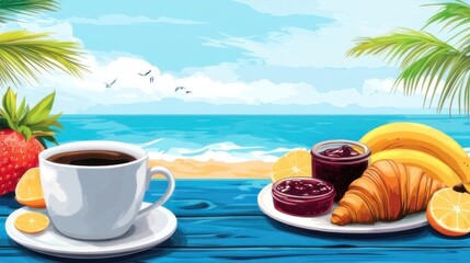 Fototapeta premium Tropical beach breakfast scene with coffee, croissants, fruit, and jam