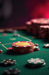 casino, vertical banner, bright abstract background, colorful red casino chips on a green poker table, copy space, free space for text