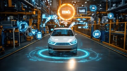 Fototapeta premium Futuristic Car Manufacturing: Smart Factory Automation and Digital Transformation in Automotive Industry
