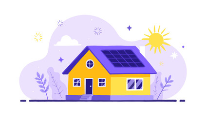 Stylized yellow house with solar panels, eco-friendly design