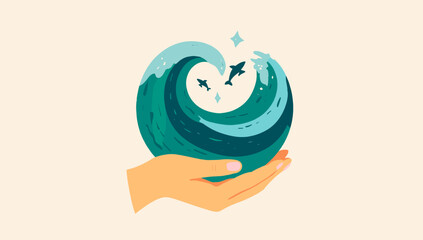 Hand protecting marine animals in stylized ocean waves, conservation symbol