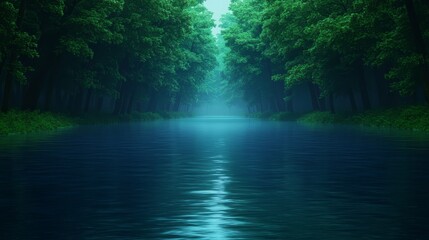 Obraz premium A serene river flows through a lush green forest, surrounded by mist, creating a tranquil and peaceful atmosphere.
