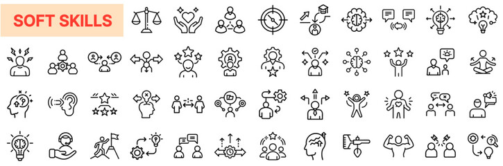 Soft Skills & Emotional Intelligence Icon Set – Communication, Leadership, Teamwork, Empathy, Decision-Making, Problem-Solving, Adaptability