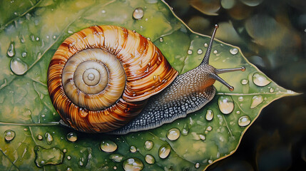 Close-up of a snail on a green leaf with water droplets