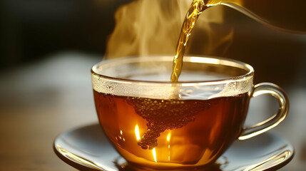 Close-up of a teacup being filled with steaming hot tea
