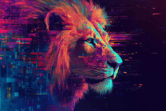 NFT stylized lion with pixelated fur and digital glow