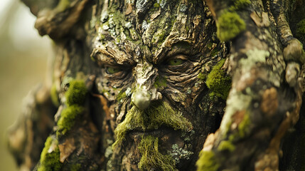 Close-up of an old moss-covered tree trunk in a forest, symbolizing the beauty of autumn nature