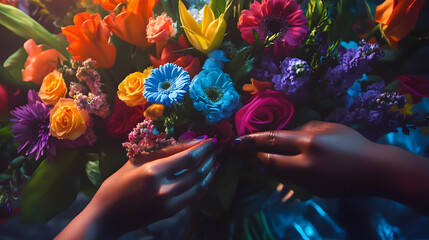 Close-up of hands carefully arranging flowers in a vase to create a vibrant centerpiece