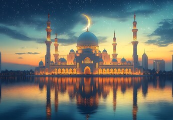 Majestic Mosque at Sunset with Crescent Moon and Reflections

