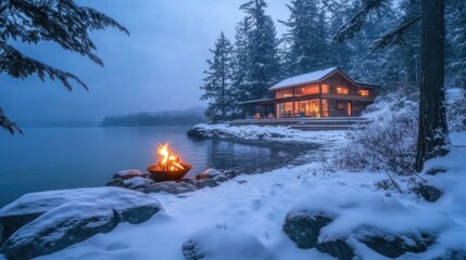 Cozy winter cabin by a snowy lake at twilight. A warm fire crackles on the shore