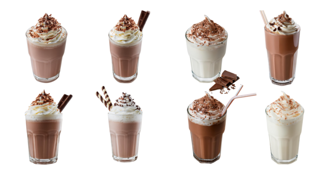Variety of Delicious Chocolate and Vanilla Milkshake Drinks, isolated on transparent background