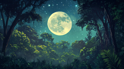 Moonlit tropical rainforest with dense green foliage.