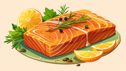 Close-up of a perfectly cooked piece of salmon with a honey glaze and fresh herbs.